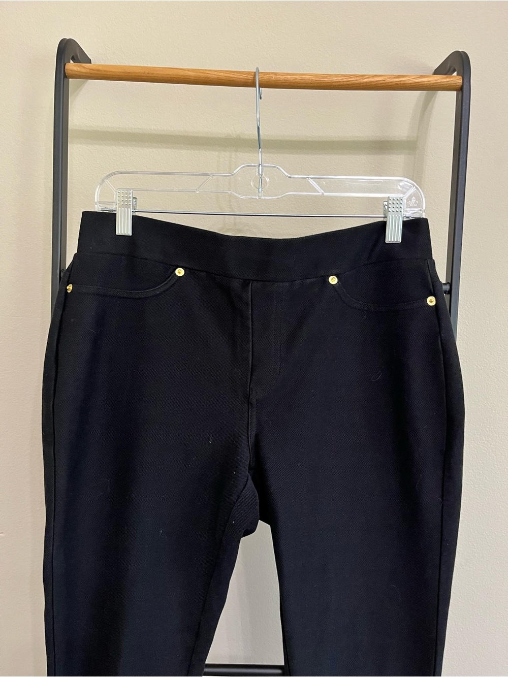 Michael Kors MK Midnight Blue Black Pull On Slim Leg Pants L  Gold rivet detail - Picture 3 of 8
